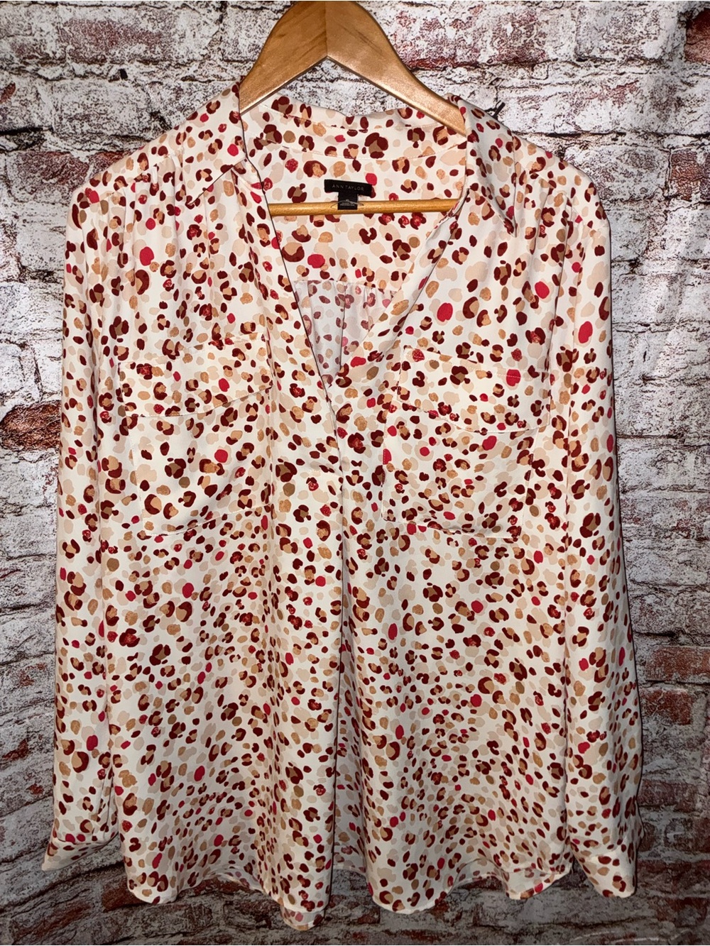 Ann Taylor Cream Blouse with Red and Brown Spot Print